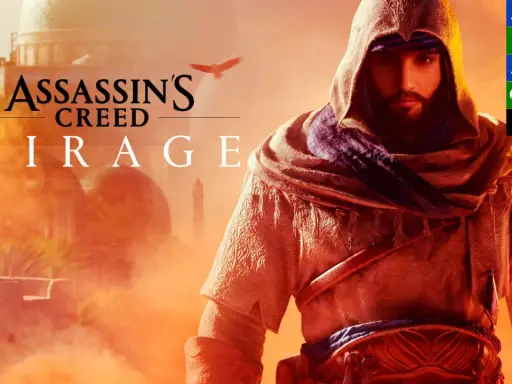 Un asesino con capucha en Assassin's Creed Mirage, con el título del juego y los logos de las plataformas.