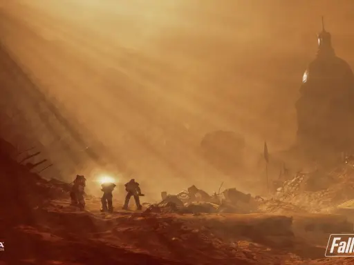 Figuras con armadura caminan por un paisaje desolado y polvoriento, con un edificio en forma de cúpula al fondo. Un recordatorio visual de los **Fallout 76 requisitos** para adentrarse en este mundo.