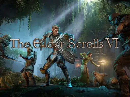 El logo de The Elder Scrolls VI aparece sobre una escena de batalla con guerreros, un oso y un lobo en un entorno selvático.