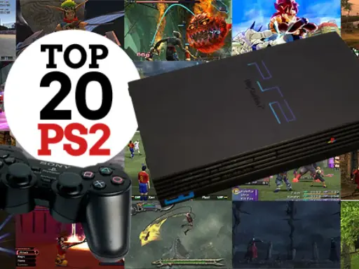 Collage de imágenes de videojuegos de PS2, con la consola y un mando en primer plano. Celebrando los mejores juegos de PS2.