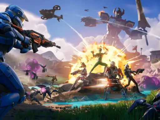 ¡La **temporada 4 de Fortnite** estalla con acción! Un mecha gigante, héroes luchando contra alienígenas y explosiones por doquier.