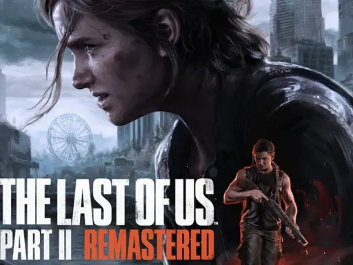 Ellie y Abby en un paisaje urbano desolado, con el título "The Last of Us Part II Remastered".