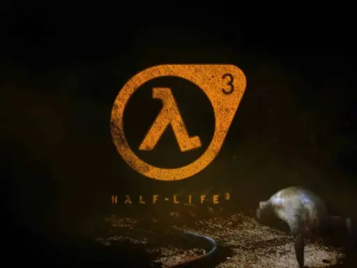 El logo de Half-Life 3, con el símbolo lambda naranja y el número 3, sobre un fondo oscuro. Una criatura yace en el suelo.