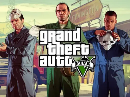 Los tres protagonistas de GTA 5, listos para el lanzamiento del juego, con máscaras y armas.