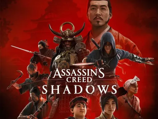 El arte promocional de **Assassin's Creed Shadows** muestra un grupo de samuráis y ninjas en un fondo rojo intenso, listos para la acción.