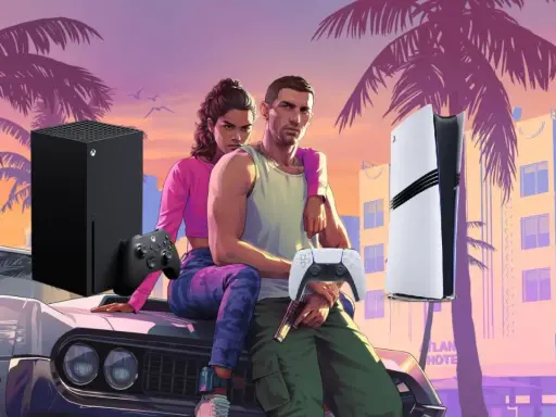 Pareja en un coche clásico, con consolas Xbox Series X y PS5, esperando la fecha de lanzamiento de GTA 6.