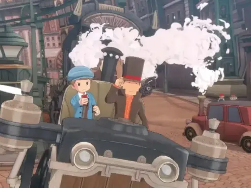 El Profesor Layton y Luke exploran el nuevo mundo a vapor en un vehículo peculiar.