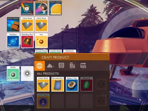 Interfaz de crafteo en No Man's Sky. Muestra recursos como Heridium, Hierro y Níquel, y productos como Lámina de Carita y Célula de Curva.
