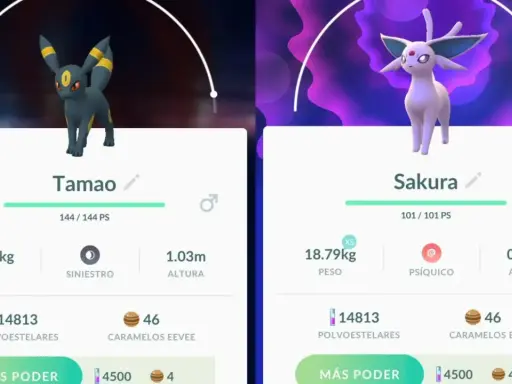 Umbreon y Espeon en Pokémon GO. Tamao, el Umbreon, pesa 33.23kg y Sakura, el Espeon, 18.79kg.