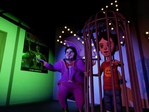 Ben, el presentador, mira a Ed, atrapado en una jaula. Un póster de "Rundead" cuelga en la pared.