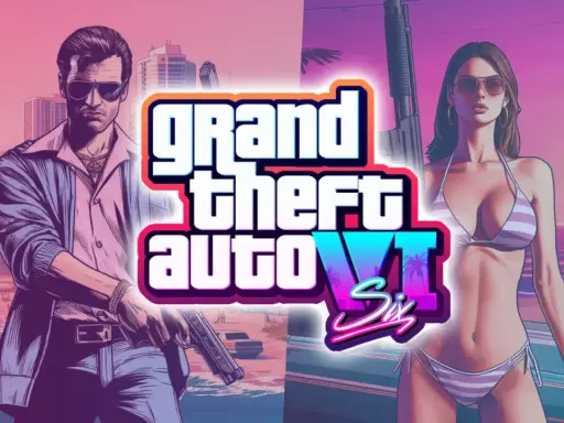 El arte promocional de Grand Theft Auto VI muestra a un hombre con gafas de sol y una mujer en bikini, ambos armados, anticipando cuando sale GTA 6.
