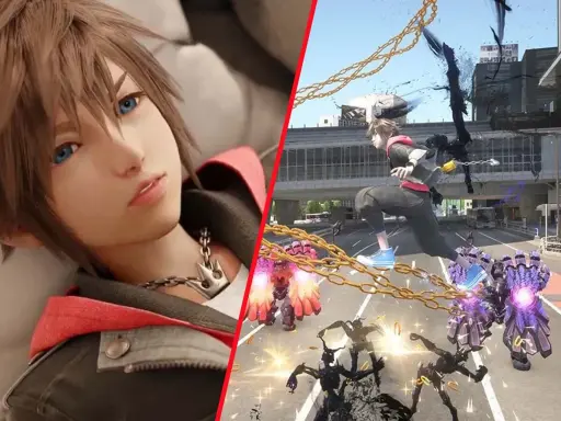 Sora en acción en Kingdom Hearts IV, luchando contra enemigos en una ciudad.