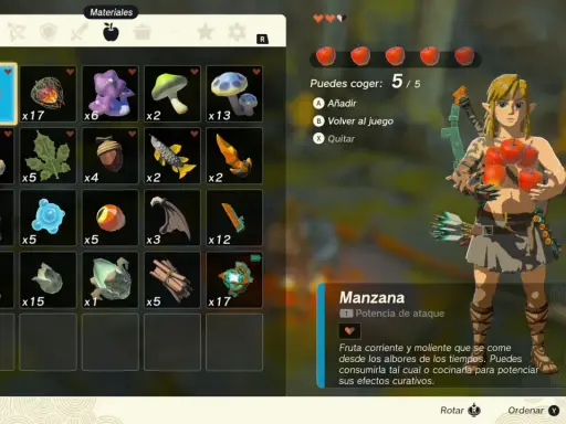 Link recolecta manzanas, un ingrediente clave para recetas en Zelda Tears of the Kingdom.