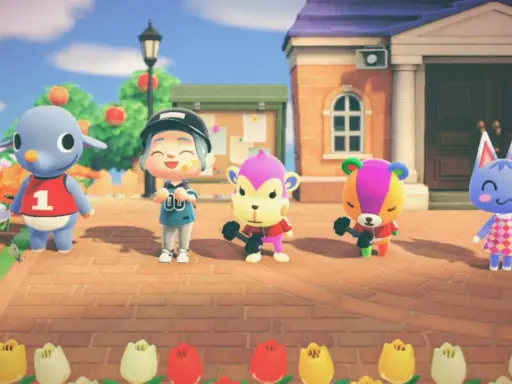 Personaje de Animal Crossing con sus mejores vecinos: un cordero, dos monos y un oso, todos listos para entrenar.