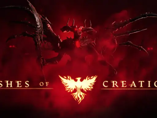 Un demonio alado con ojos rojos y una horda de criaturas sombrías acechan en la oscuridad, bajo el título "Ashes of Creation".