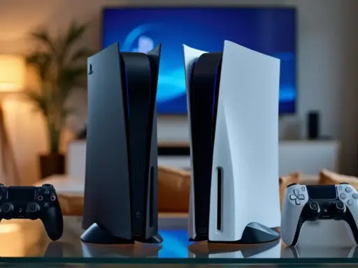 Dos consolas PlayStation 5, una negra y otra blanca, junto a sus mandos. Los juegos de PS4 son compatibles con PS5, ¡disfruta de tu biblioteca!