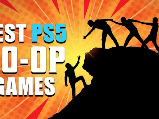 Siluetas de personas escalando una montaña, ayudándose mutuamente. El texto dice "BEST PS5 CO-OP GAMES", destacando la importancia de la cooperación en los juegos.