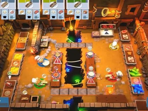 Escena de un juego de cocina para Nintendo Switch. Chefs preparan comida en una cocina caótica con cintas transportadoras y un agujero en el centro.