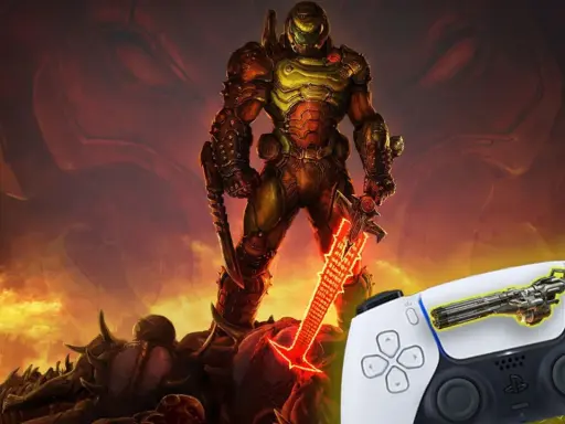 El Doom Slayer, listo para la acción, junto a un mando de PS5. ¡La experiencia definitiva de los mejores shooters PS5!