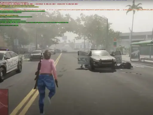 Una mujer corre por la calle con dos coches de policía. El juego parece ser GTA 6 PC.