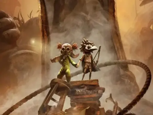 Dos niños, uno con traje verde y otro con arco, se enfrentan a un gigante en Little Nightmares 3.