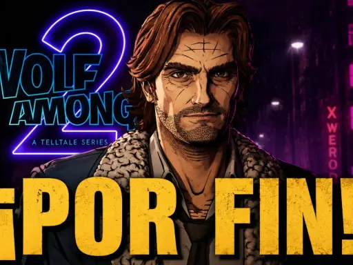 Bigby Wolf regresa en The Wolf Among Us 2. El logo de Telltale Series brilla con neón sobre un fondo urbano nocturno.