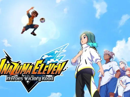 El equipo de Inazuma Eleven Heroes Victory Road se prepara para la victoria bajo un cielo azul.
