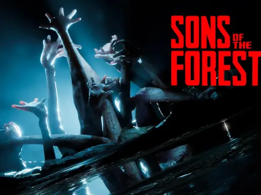Manos pálidas emergen de la oscuridad en the forest 2, un grito silencioso en la penumbra.