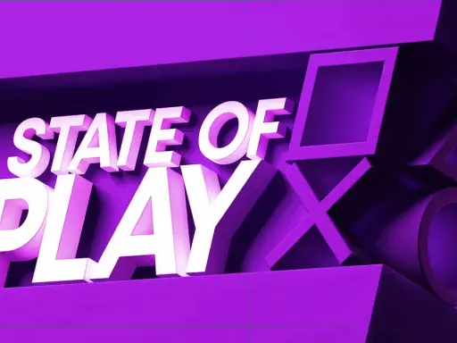 El logo "State of Play" en blanco sobre un fondo morado, con los símbolos de PlayStation.