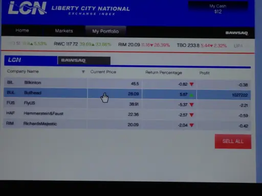Pantalla de GTA V modo historia. Se muestra el menú de bolsa LCN con acciones como Bullhead y FlyUS. ¡A invertir en bolsa GTA V modo historia!