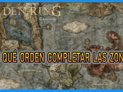 Mapa de Elden Ring con la pregunta "¿En qué orden completar las zonas?". Muestra Limgrave, Liurnia y Caelid.