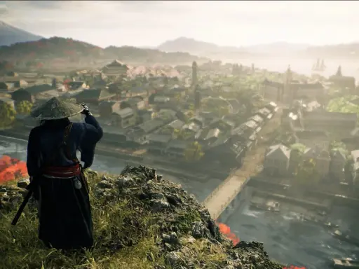 Un samurái observa un pueblo costero con el Monte Fuji al fondo. El **rise of the ronin** se cierne sobre este paisaje.