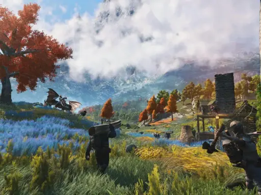 Un dragón alado se posa bajo un árbol de hojas rojas. Hombres cargan madera en un paisaje de flores azules y amarillas, con un pueblo y montañas al fondo. Luz natural, sin fuego.