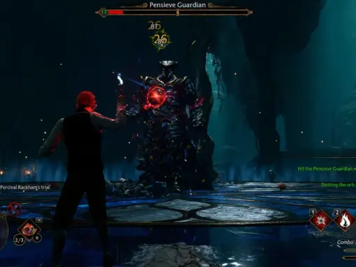 Un mago se enfrenta a un guardián en la prueba de Percival Rackham. El guardián tiene un orbe brillante en el pecho.