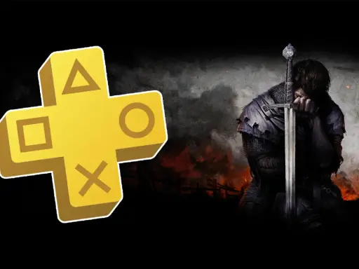 El logo de PS Plus de abril junto a un guerrero medieval con su espada.