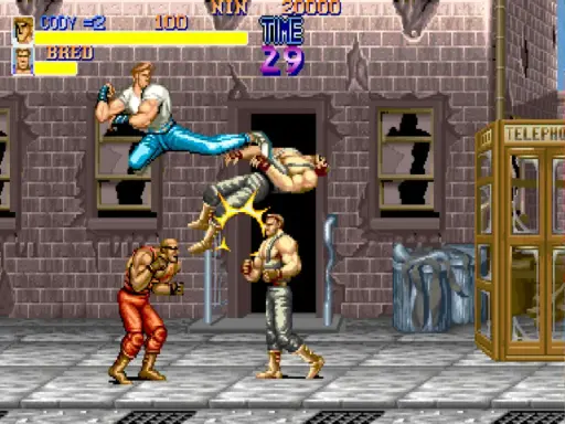 Combate callejero en juegos PS4 2 jugadores misma pantalla gratis. Cody y Bred luchan en un callejón.