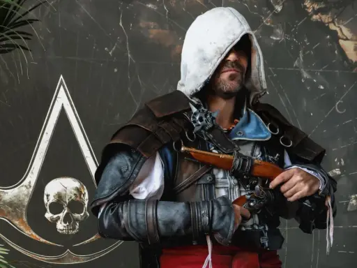 Un pirata con el símbolo de Assassin's Creed Black Flag remake, listo para la acción.