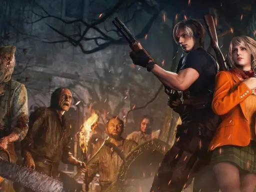 Leon y Ashley se preparan para la batalla contra enemigos con motosierra y antorchas en Resident Evil 4 Remake.
