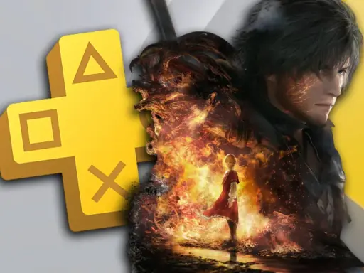 El logo de PS Plus se fusiona con un guerrero y una figura femenina rodeados de fuego. ¡Descubre nuevos juegos PS Plus Premium!