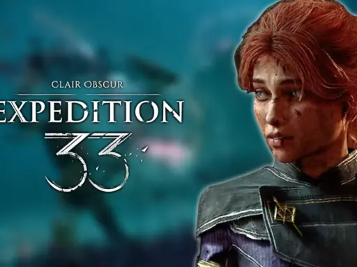 Una joven con cabello rojo y ojos azules, con el logo "Clair Obscur Expedition 33" al fondo.