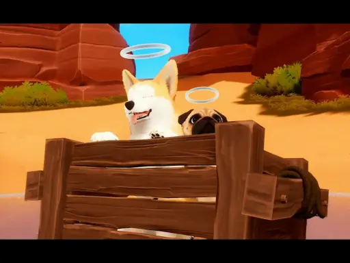 Dos adorables perros, un corgi y un pug, con halos, en un carro de madera. ¡Una aventura de **Nintendo Indie World**!