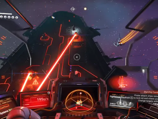 Cabina de nave en combate en No Man's Sky. Rayos láser rojos iluminan una nave pirata.
