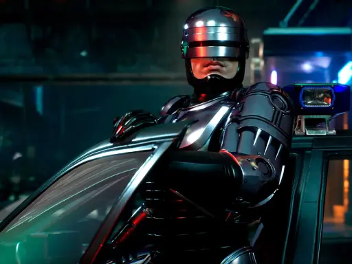 RoboCop, con su icónico casco, se prepara para la acción en este **robocop rogue city analisis**.