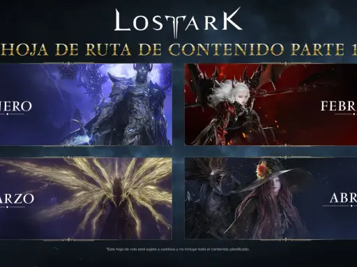 Lost Ark noticias: hoja de ruta de contenido parte 1 con imágenes de enero, febrero, marzo y abril, mostrando personajes y criaturas del juego.