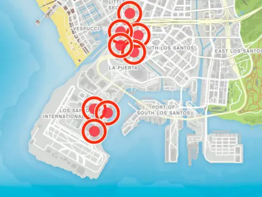 Mapa de Los Santos con círculos rojos marcando ubicaciones para saltos acrobáticos en GTA 5.