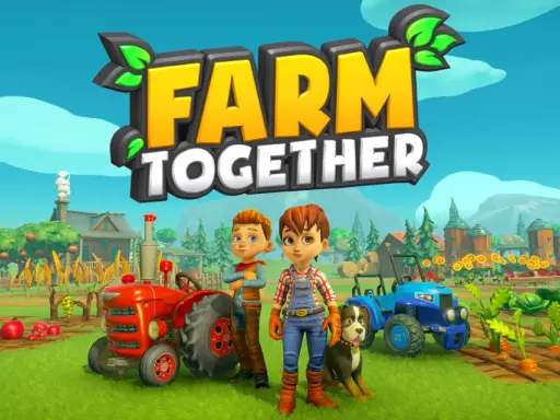 Dos niños y un perro posan frente a un tractor rojo y un azul en un campo de cultivo. El logo de "Farm Together" se cierne sobre la escena, invitando a jugar este juego de granja en Switch.