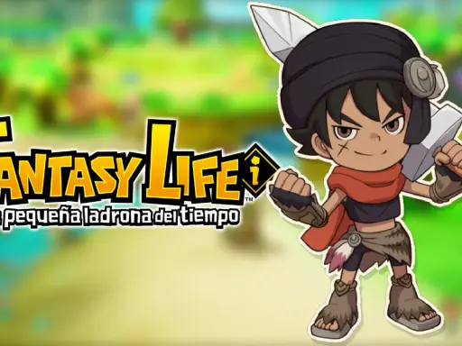Un personaje de estilo anime con una espada, listo para una aventura en su fantasy life i. El logo de "Fantasy Life" aparece a la izquierda.