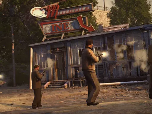 Hombres armados disparan contra un edificio, una escena de acción digna de un juego de mafia en Nintendo Switch.