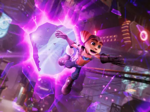 Ratchet salta a través de una grieta dimensional púrpura en Ratchet & Clank: Una Dimensión Aparte.