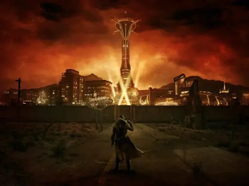 Un personaje solitario se enfrenta a la imponente silueta de New Vegas, con el Lucky 38 brillando. Una visión de **Fallout New Vegas Remastered**.